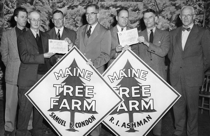Presentation ceremony of Maine's first and second tree farm certificates to Samuel B. Condon and R.I. Ashman.