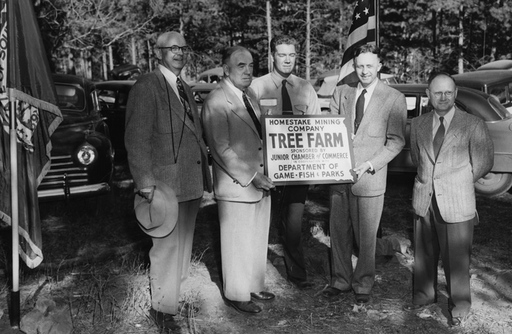 Harlan Walker, Guy N. Bjorge, Gareth Moon, Governor Anderson, and C.A. Polley at April 25, 1952, dedication of Homestake Mining Co. Tree Farm.