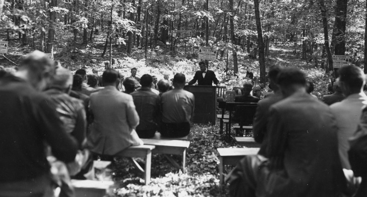 U.S. Representative John E. Fogarty speaks to crowd at event launching Rhode Island state tree farm program, September 16, 1949.
