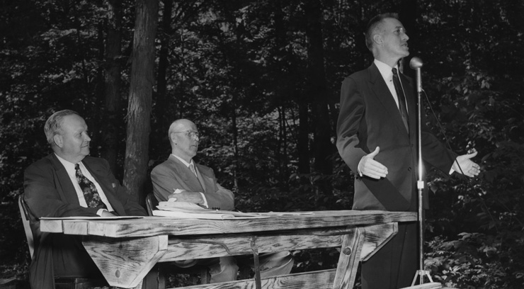 Governor Leo A. Hoegh speaks to crowd at ceremonies launching Iowa Tree Farm program, May 30, 1955.