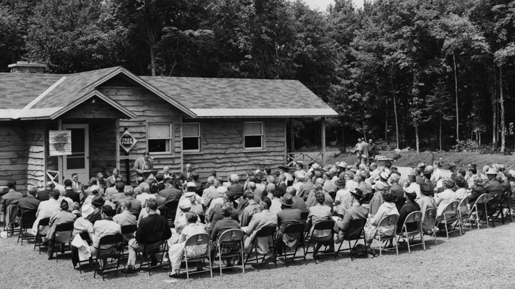 Ceremony launching New York Tree Farm program on land of International Paper Co. near Speculator, in the Adirondacks, June 30, 1956.