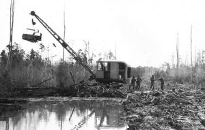 Lorain Dragline purchased by Riegel Parker Corp. in March 1939 and turned over to CCC for road construction, Brunswick County, NC.