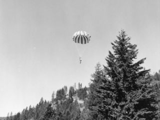 A smokejumper descending.