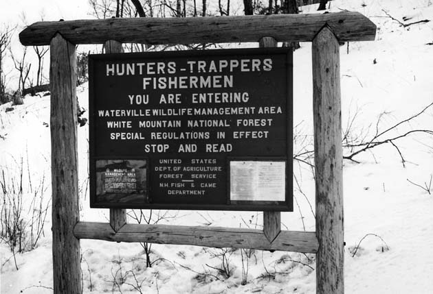 Entrance sign for Waterville Wildlife Management Area, White Mountain National Forest, New Hampshire, February 1941.