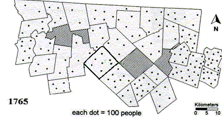 Map 1.
Population Density in Central Massachusetts by 1765. 