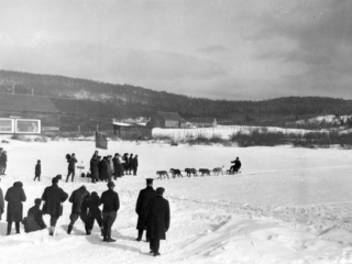 Finish line of international dog race on the Androscoggin River, Berlin, N.H.
