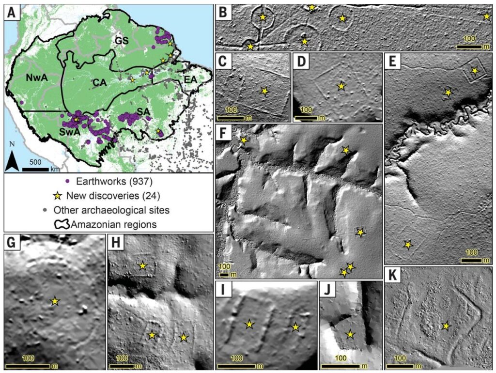 LiDAR Figure from Peripato and colleagues’ work showing the geographical distribution of known pre-Columbian geometric earth-works in Amazonia. “(A) Map of previously reported and newly discovered earthworks (purple circles and yellow stars, respectively) reported in this study across six Amazonian regions: central Amazonia (CA), eastern Amazonia (EA), Guiana Shield (GS), northwestern Amazonia (NwA), southern Amazonia (SA), and southwestern Amazonia (SwA). (B) Newly discovered earthworks in SA. (C to F) Newly discovered earthworks in SwA. (G to I) Newly discovered earthworks in GS. (J and K) Newly discovered earthworks in CA. Scale bars, 100 m.” (Peripato et al. 2023)