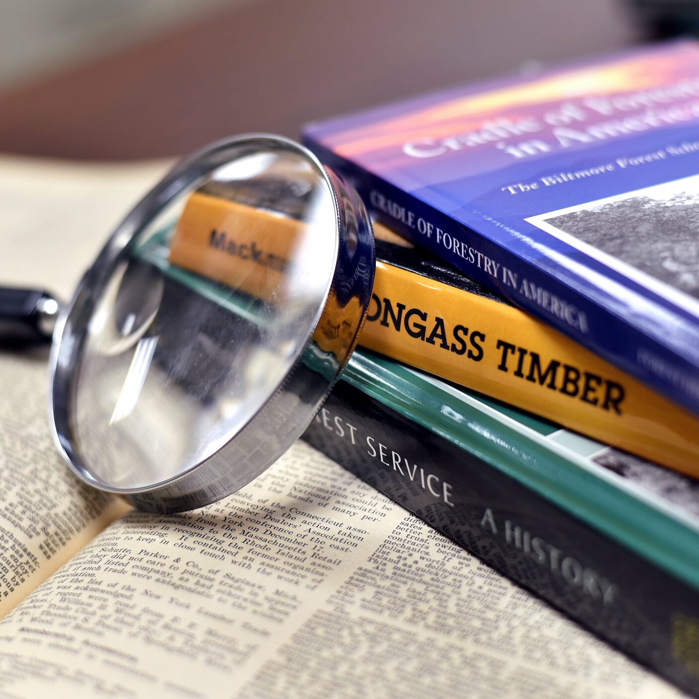 books with magnifying glass