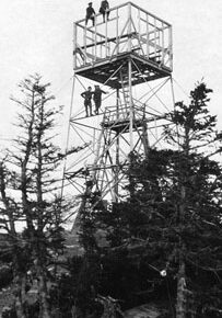 Carter Dome lookout tower under construction, New Hampshire, 1925.